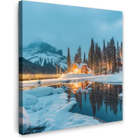 TABLEAU SUR TOILE Paysage d'hiver - Nature - Maison - Montagnes - Neige Tableau Chambre Adulte 90x90 cm