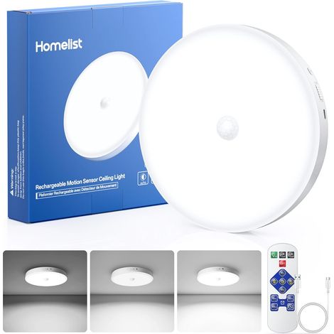 Plafonnier avec détecteur de mouvement, 12000mAh, 1 pièce LED rechargeable avec télécommande, dimmable pour garages, escaliers et salles de bain, adaptée aux enfants et seniors (1/5)