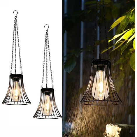 Lot de 2 lampes solaires pour extérieur de jardin à suspendre - En métal - Étanche IP65 - Avec crochet - Chaîne pour extérieur, terrasse, pelouse, balcon, cour (1/5)