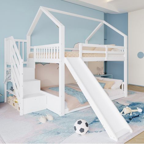 Litera infantil 140x200 cm de madera blanca, almacenaje para dormitorio, sin colchón -FLORAGRACE (1/5)