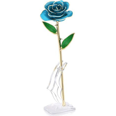 Rose à longue tige trempée dans de l'or 24 carats, présentée dans un coffret cadeau avec support (Rose bleu clair avec support) (1/5)
