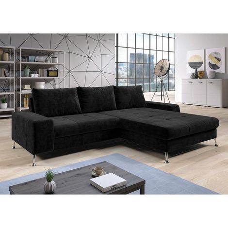 AX LIVING Eckschlafcouch mit Bettkasten Artemia 275 cm Schwarz Samt R