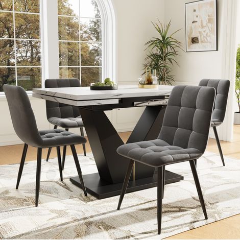 FLORAGRACE Ensemble table à manger en MDF blanc 5 pièces avec 4 chaises, table extensible 99-159 cm, plateau effet marbre blanc, pieds noirs en V (1/5)