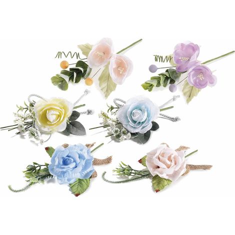 Petits bouquets pick de fleurs artificielles en tissu colorées avec baies et nœud en corde, lot de 36, H. 9 cm (16 cm avec tige)