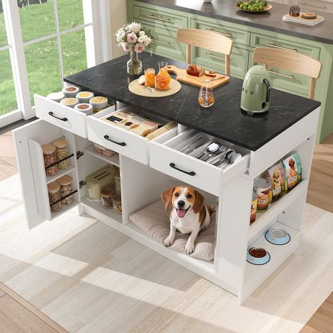 Îlot de cuisine avec rangements, meuble 3 tiroirs + étagère à épices + étagère réglable – Double tablette et espace dédié pour animaux (sans gamelle ni coussin) – 120×60×90 cm