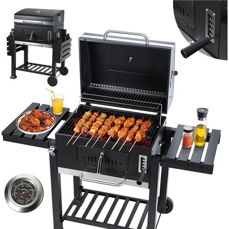 Jiubiaz Barbacoa de carbón, smoker con dos estantes laterales plegables, carro BBQ, parrilla de pie con indicador de temperatura