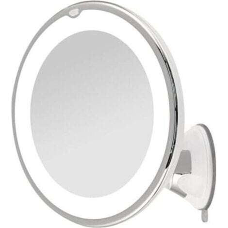 Specchio da barba ingranditore 10x con luce LED e supporto a ventosa bloccabile, rotazione a 360°.