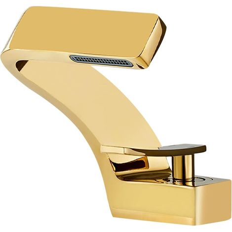 Single Hole Bathroom Sink Faucet, Single Handle Hot and Cold Water Mixer Tap, Lavatory Vanity Sink Faucet Including Two Standard 3/8" Hoses-(Gold)