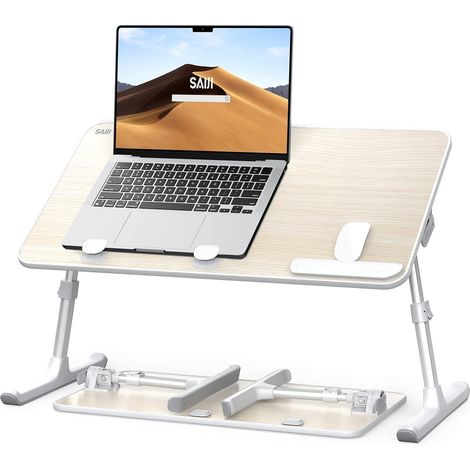 Table, Bureau, Support ajustable pour ordinateur portable, Table plateau de lit, 5 hauteurs, 4 angles, Bureau pliant stable pour le bureau de canapé de lit, portable jusqu'à 17'' (6033cm Teck) (1/5)