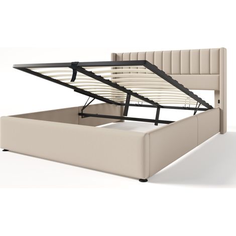 Cama canapé tapizada con elevación hidráulica 140x200 cm en lino beige, HOMVRA (1/5)