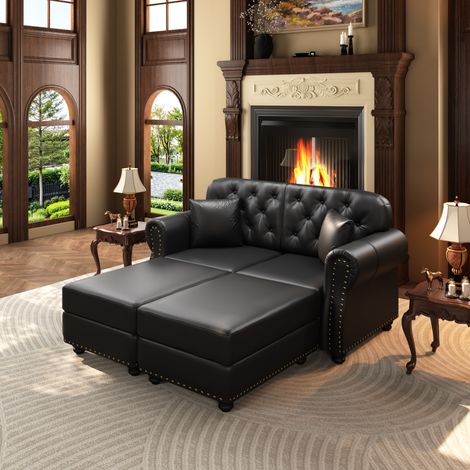Salon et séjour assise grand confort : canapé Chesterfield 2 places 160 cm avec 2 poufs modulables en simili cuir (1/5)