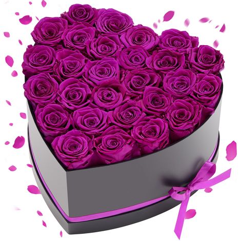 Rose Éternelle 27 Fleurs Éternelles Préservées Boîte Forme de Cœur, Bouquet Rose Éternelle, Cadeau pour Elle, Femme, Épouse, Maman, Sœur, Mamie, Amie, Anniversaire, Saint-Valentin, Noël, Violet (1/5)