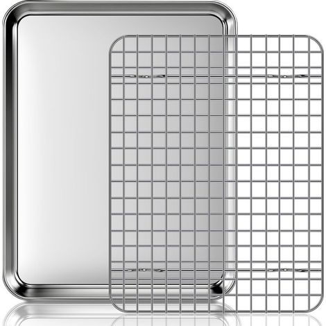 Backblech mit Kühlgitter: Ein Set aus Edelstahl-Backblechen und -Gitterrosten, geeignet zum Braten, Kochen und Grillen, 31,5 x 24,5 x 2,5 cm (1/5)