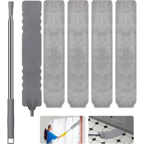 Plumeau télescopique avec 4 chiffons microfibre – Poignée en acier inoxydable – Nettoyage jusqu'à 2.5m – Design plat pour espaces confinés