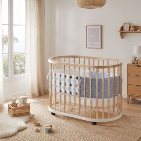 Tour de lit bébé – Coton imprimé double face respirant – Pour berceau rond carré – 130x30CM - Motif de grande étoile bleue (1/5)
