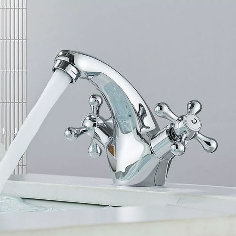 Kitchen Sink Mixer Taps Monobloc Swivel Spout Chrome Brass Dual Lever Kitchen Taps Hot & Cold Water Control + Free Hoses (1/5)