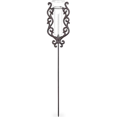 Pluviomètre rustique décoratif avec piquet jardin 70 x 12,5 x 7 cm design vintage ambiance rétro en fonte bronze (1/4)
