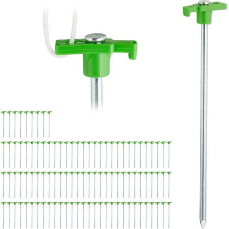 Set of 100 Relaxdays Heavy Duty Tent Pegs, Hard Ground Anchors, 25 cm, Camping, Galvanized Steel, Green