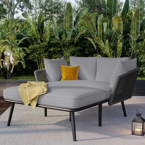 Bain de soleil extérieur avec coussins épais, canapé lounge jardin dossier tressé, pour balcon et terrasse, housses lavables, Gris