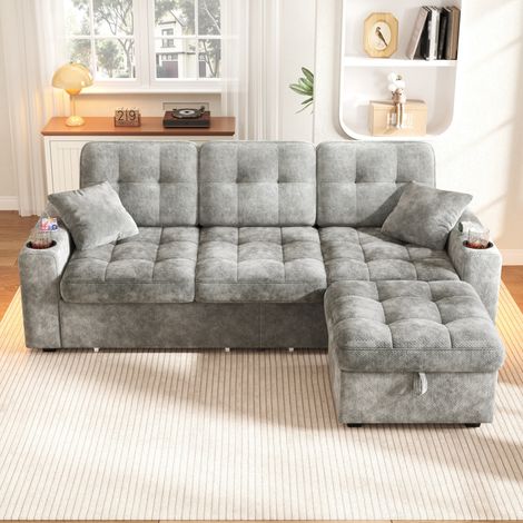 Canapé 3 places 194.5x133x83 cm avec pouf coffre,2 tiroirs,USB ,Type C, LED ,2 porte gobelets rangement latéral Chenille Gris foncé (1/5)