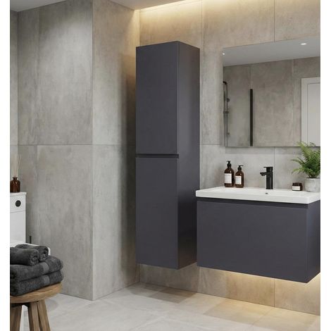 Colonne de salle de bain APOLLO, armoire de rangement haute, finition laquée Gris, design élancé, rangement vertical optimal, résistant à l'humidité, installation facile pour votre salle de bain (1/4)