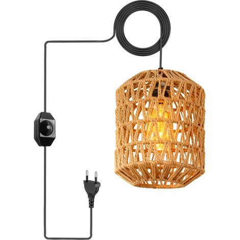 Suspension vintage avec prise, douille E27, abat-jour en corde de chanvre et câble de 4,5 m. Douille et interrupteur inclus. Idéale pour chambre, entrée ou balcon (1/5)