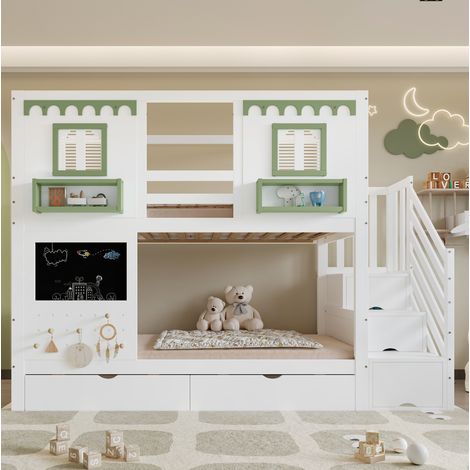Cama litera infantil 90x200 cm blanco-verde de pino, MDF y contrachapado con cajones y escalera (1/5)