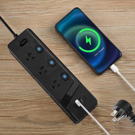 Prise Intelligente - Bloc Multiprise US - 3 Prises + 2 USB + 2 Type-C - Protection Contre La Surcharge - 1250 W - 24 x 7 x 3,8 cm - Noir (1/5)
