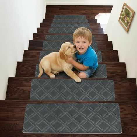 Lot de 15 Tapis d'escalier Autocollants 55 x 19 cm, Marchettes d'Escalier Auto-Adhésif, Tapis Escalier, Antidérapant Tapis Marche Escalier, pour âgées, Gris foncé (1/5)