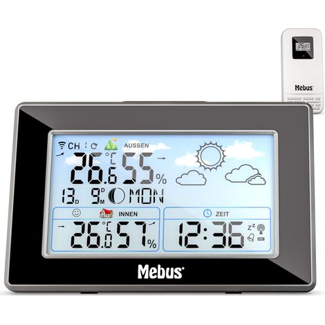 MEBUS Stazione meteo radiocomandata con sensore esterno, termometro/igrometro, orologio radio, indicatore di benessere valutato clima ambiente, previsioni meteo, calendario lunare, sveglia, colore: (1/5)