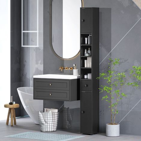 armoire de salle de bain, armoire haute 180 cm étroite avec rangement papier toilette, niches ouvertes et 2 placards, noir (1/5)
