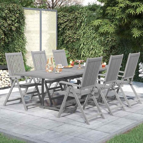 Ensemble repas de jardin 7 pièces en bois d’acacia gris, table extensible et chaises réglables - PANGIVO (1/5)