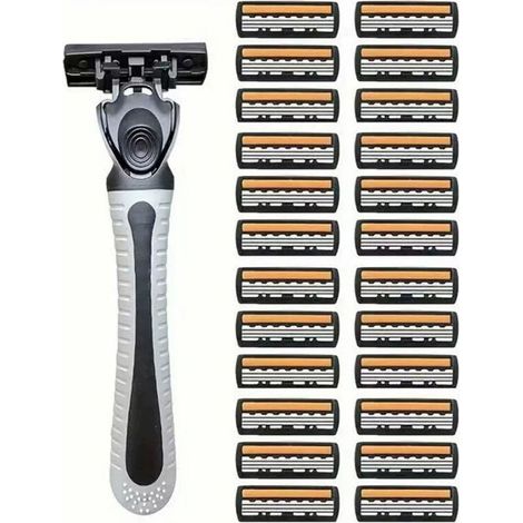 Kit de rechange pour rasoir homme (3 lames) - 24 têtes de rasage triple couche orange/noir + 1 manche antidérapant gris - Idéal pour peau sensible & cadeau d'anniversaire (1/4)
