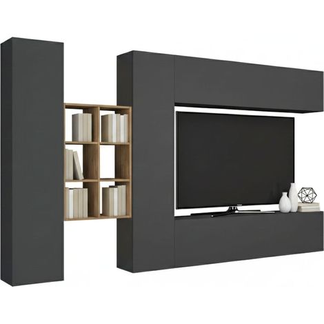 Dmora - Meuble Mural Dcaldar, Ensemble de salon Meuble TV avec 4 portes, Meuble de salon polyvalent, 100% Made in Italy, cm 280x30h180, Anthracite et Érable