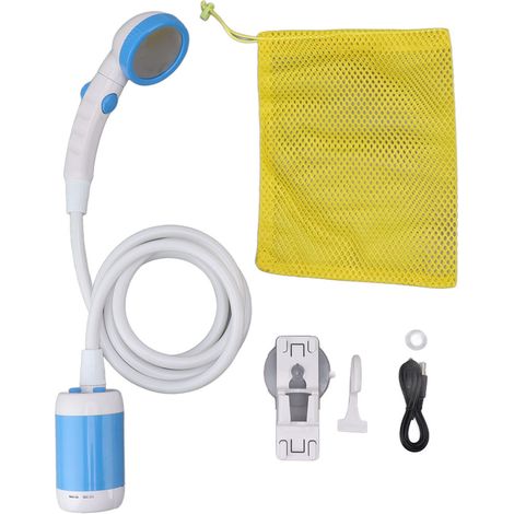 Douche portable 3 vitesses ABS acier inox PVC, pompe électrique à piles pour camping extérieur bleu ciel (1/5)