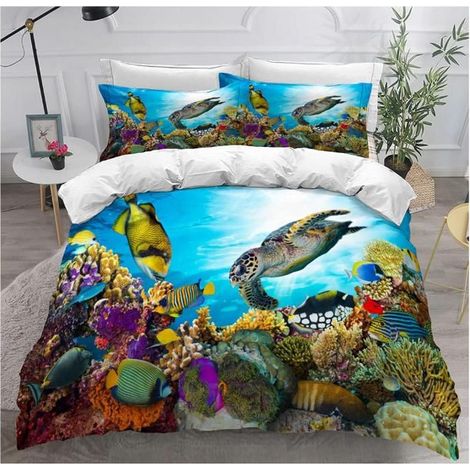 3D mer Animaux literie Set,Dauphin,Poisson Tropical,Corail,Vie Marine Housse de Couette,tortue de mer 240x260cm - PG7 (1/4)