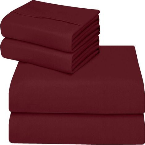 Polyester Microfibre Parure de lit (4 pièces, Bordeaux) - 1 Drap Housse 150x200cm, 1 Drap Plat 266x259cm et 2 Taies d'oreiller 50x75cm (1/4)