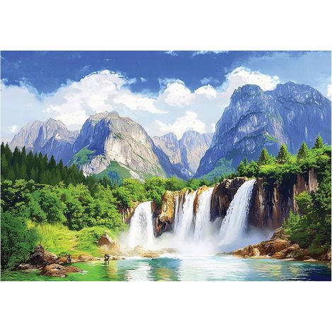 Papier peint panoramique cascade 3D montagnes forêt nature 400x280 cm mural salon chambre grand format (1/5)