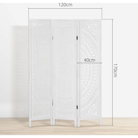 Paravent pliable à trois panneaux, en bois sculpté, 120 x 170 cm, blanc (1/5)