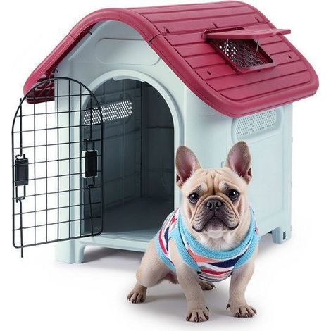 Hundehütte für kleine Hunde – Robuster Kunststoff – Öffnende Tür – Dach mit Dachfenster – Für Innen- und Außenbereich – Rot – 74 × 59 × 66 cm – Home Nature Wohnkonzept (1/5)