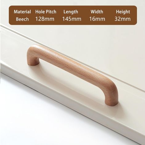 Poignées D'armoire en Bois de Hêtre Massif de Couleur Bois Original pour Armoire Porte Tiroir Armoire Poignée de Porte en Bois (2pcs, 128mm)