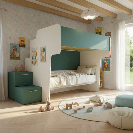 Letto a castello salvaspazio con rete superiore da una piazza e mezza e scala laterale - Bianco e Petrolio (1/5)