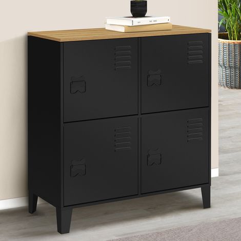 ESTER Aparador de 4 puertas de metal negro con tapa de madera de diseño industrial, altura 70 cm