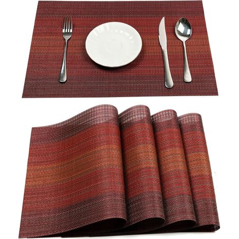Placemat - Pvc Tissé - Résistant à la Chaleur Jusqu'à 80 °C - Antidérapant - Facile à Nettoyer - Pour Table à Manger - Lot de 6 - Rouge (1/5)