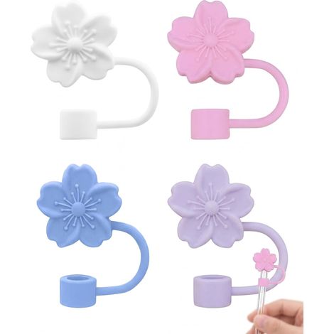 Set di 4 tappi in silicone per cannucce per bicchieri Stanley, design a fiori di ciliegio, antipolvere e a prova di perdite, bianco, rosa, blu, viola - Accessori per bicchieri (1/5)