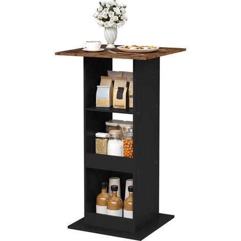 Table de Bar Carrée WOLTU, 60x60x112cm, Meuble d’Appoint avec 3 Étagères, Panneau de Bois Composite, Noir+Marron Rustique (1/5)