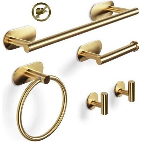 Ensemble de 5 barres porte-serviettes de salle de bain, porte-serviettes, anneau porte-serviettes, crochet, acier inoxydable 304, porte-serviettes auto-adhésif (doré) (1/4)