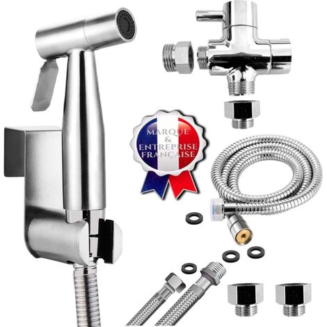 Marque Française - Kit douchette WC pour l'hygiène intime - idéal pour les installations ayant une arrivée d'eau par tuyau rigide ou souple - Standard Français (3/8") - Métallique (1/5)