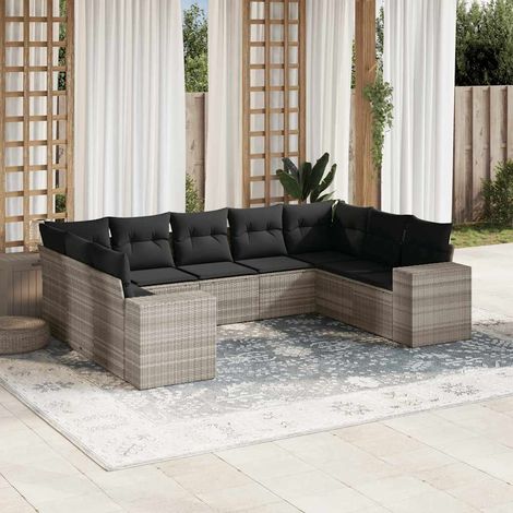 Set muebles jardín 9 pzas y cojines ratán sintético gris claro vidaXL (1/5)