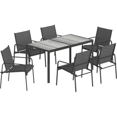 Salon de jardin Tugdual 6 places extérieur confortable effet bois noir gris (1/5)